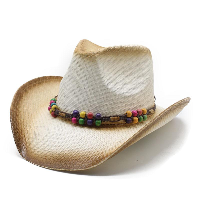 Pink Spray Paint Colored Wood Bead Straw Hat Ethnic Style Handmade Sun Hat Rolled Brim Warped Edge Western Denim Straw Hat