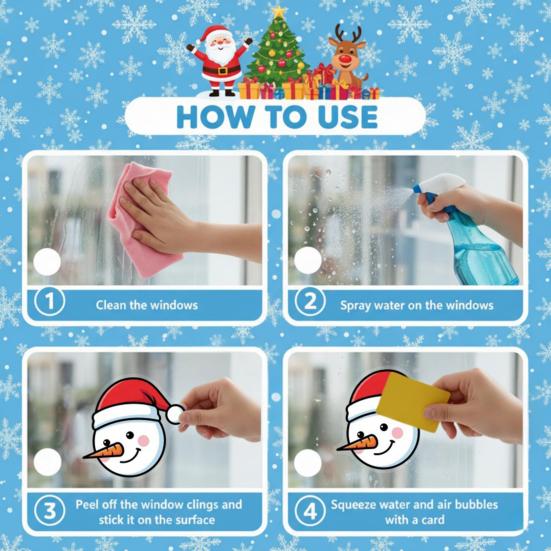 8 Sheets/Set Christmas Window Stickers Non-adhesive Snowflake Santa Claus Window Decals Reindeer Penguin Snowman Static Clings for Indoor Outdoor
