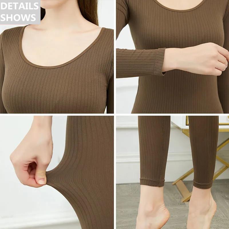 Women's Vertical Striped Pajamas Set Autumn Winter Long-sleeved Tight-fitting Thermal Clothing Set Body-shaping Self-heating Pajamas Two-piece Set