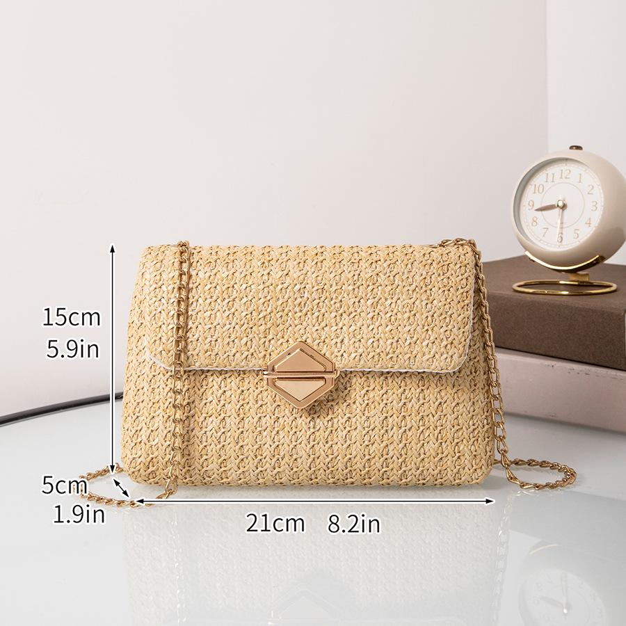 2024 Summer Trend Women's Straw Crossbody Handbag with Diamond Lock and Chain