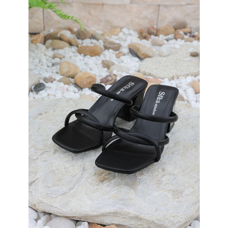 

thick heel square head one-word slippers women s summer new simple temperament high heel cool slippers 40 чёрный