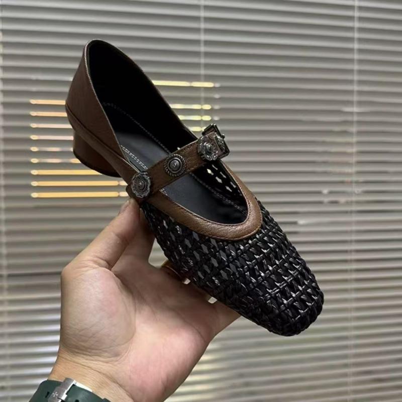 Sandals Hollow Mary Woven Single Shoes Women's Elegant Square Head Color Matching Breathable Word Belt Women's Shoes