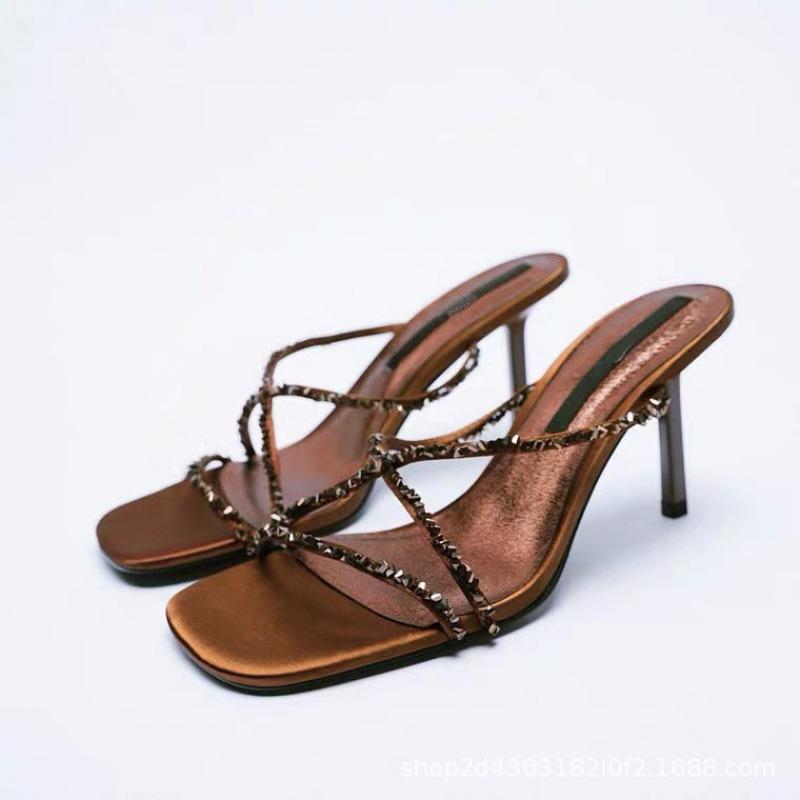Women's Shoes 2025 New Square Head Rhinestone Beaded Temperament High Heels Open Toe Cross Strap Stiletto Sandals Women's Summer