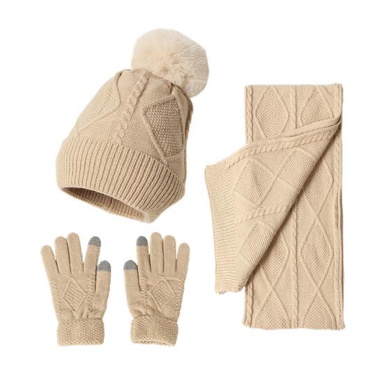 3Pcs/Set Women Winter Hat Scarf Gloves Set Plush Ball Decor Rhombus Texture Knitting Hat