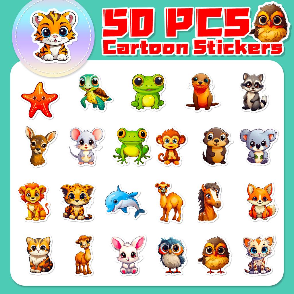 50pcs Large Eyed Animal Stickers New Cartoon Cute Natural Small Animal Graffiti Stickers   Children's Toys