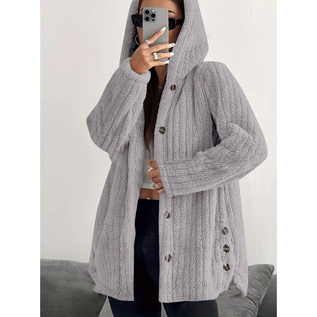Button Hooded Jacket Plush Top Irregular Trendy Solid Color Jacket For Women Feather Coats Parkas Women'S Coat Winter Jack