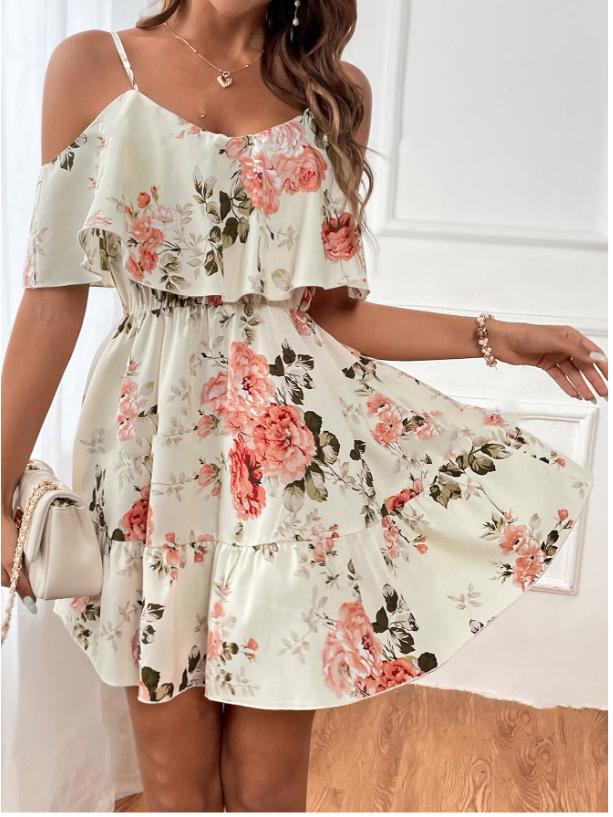 

Платье в стиле бохо с открытыми плечами и оборками 2024 года, классический европейский и американский принт Medium слоновая кость