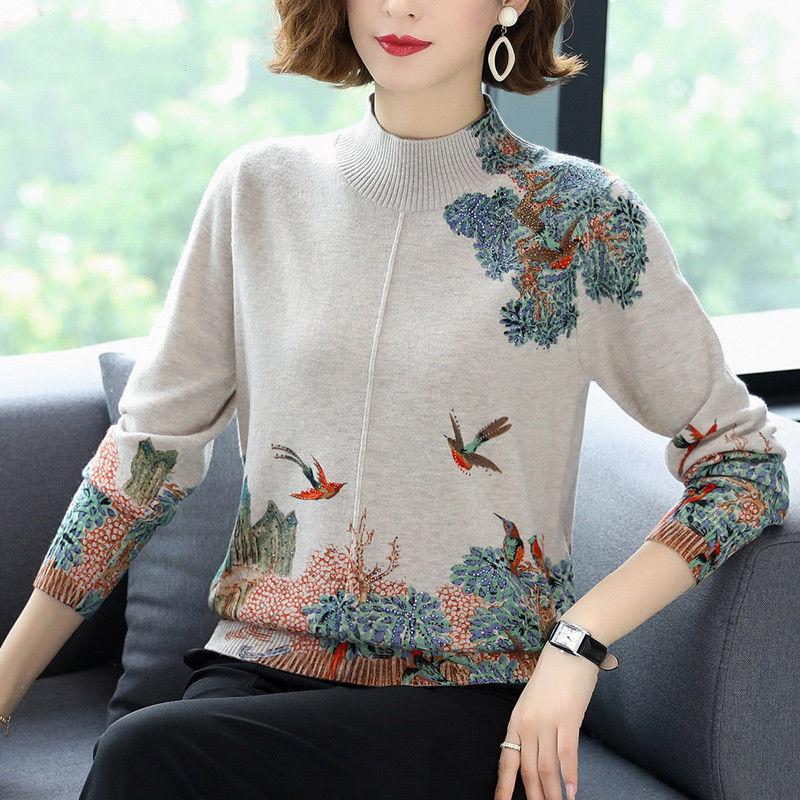 Maglione di Lana Caldo da Donna Mamma di Mezza Età Autunno Inverno Top a Collo Semi Alto