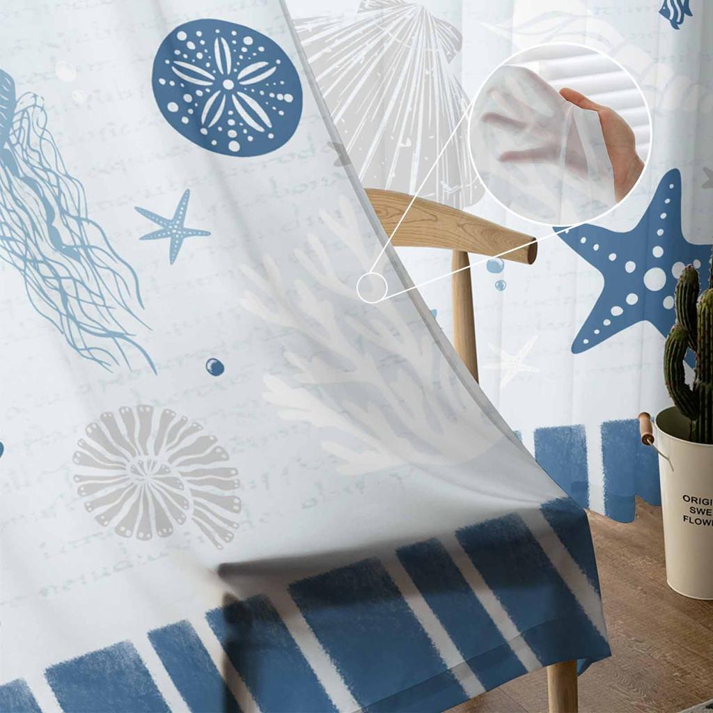 Ocean Paski Rozgwiazda Muszla Meduza Koral Koncha Niebieskie Przezroczyste Zasłony Zasłony Okienne do Salonu Zasłony Tiulowe Woalowe do Kuchni