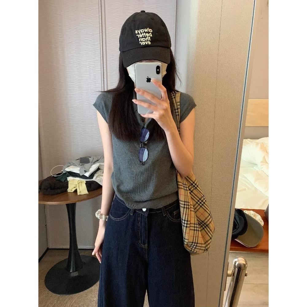 Thin Polo Collar Small Fly Sleeve Knitted Tencel Short Sleeve Women's Summer Button Design Bottoming Top High-end T-shirt