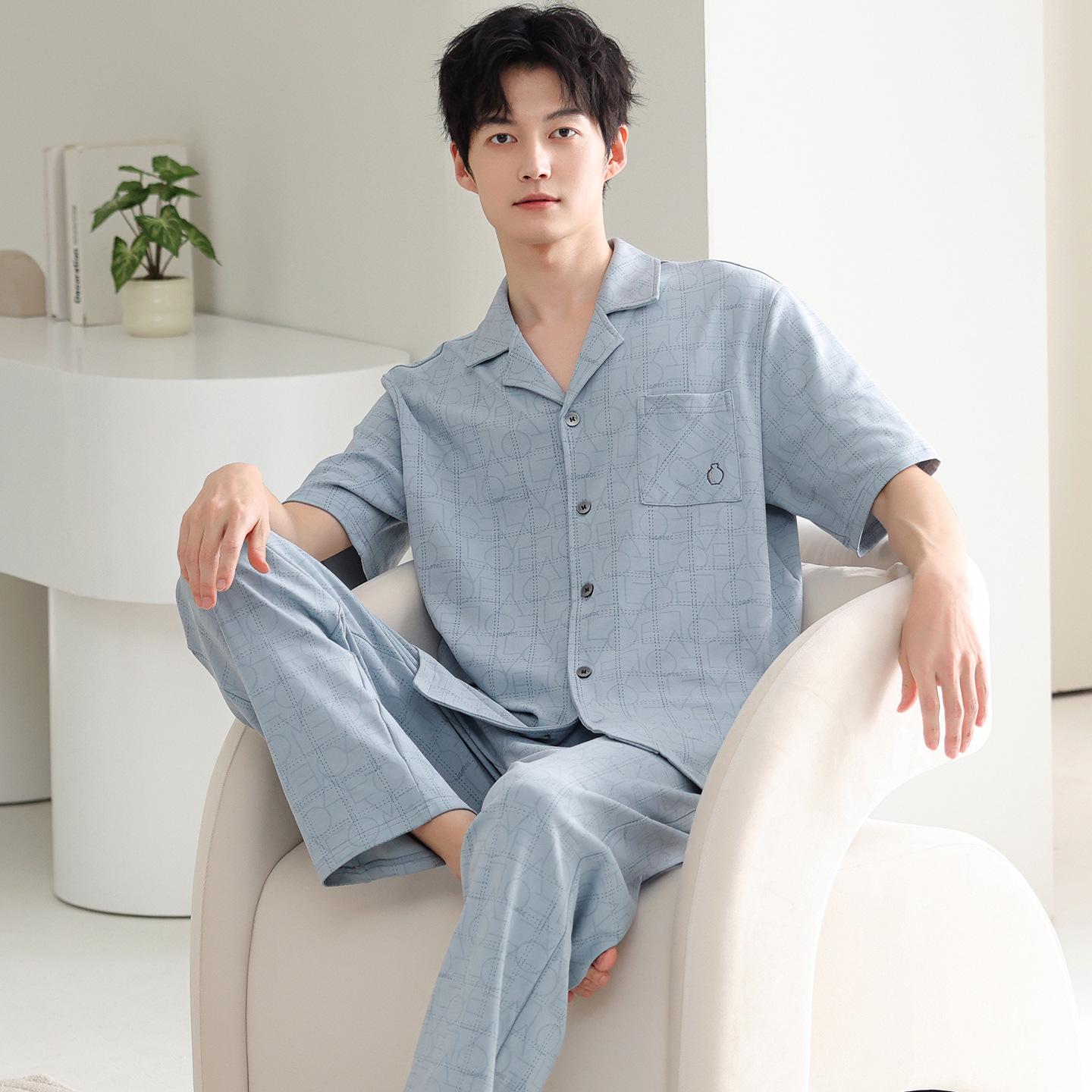 Men s Pure Cotton Pajama Set - Summer Short Sleeve, Long Pants, Youth Cardigan Style Large