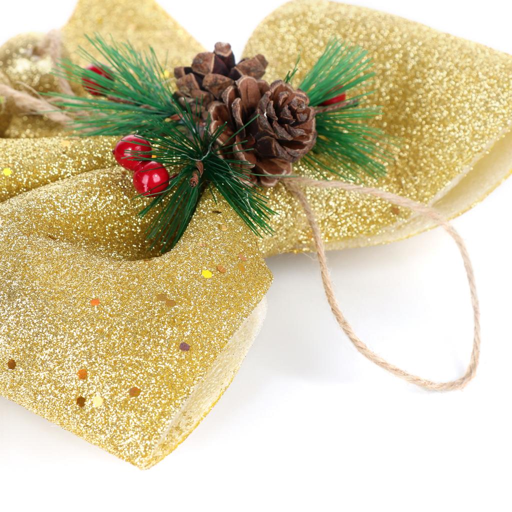 Xmas Decorative Bow with Glitters Sequins Pine Cones Berries Xmas Tree Bow for Holiday Decor