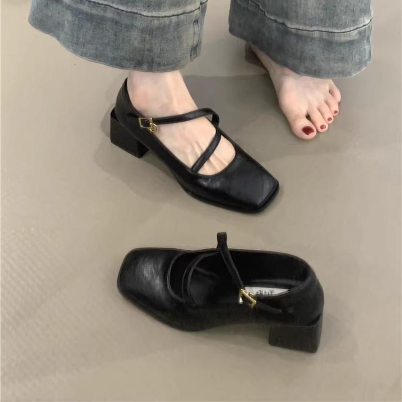 Fashion Square-toe Shallow-mouth Single Shoes Autumn New One-band Non-slip Wear-resistant Block Heel Shoes