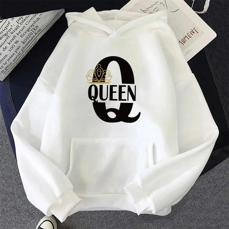 King Queen Tryck Hoodie för Kvinna Man 2025 Ny Ankomst Par Huvtröja Långärmad Pullover Hemma Utomhus Komfort Varma Sweatshirts