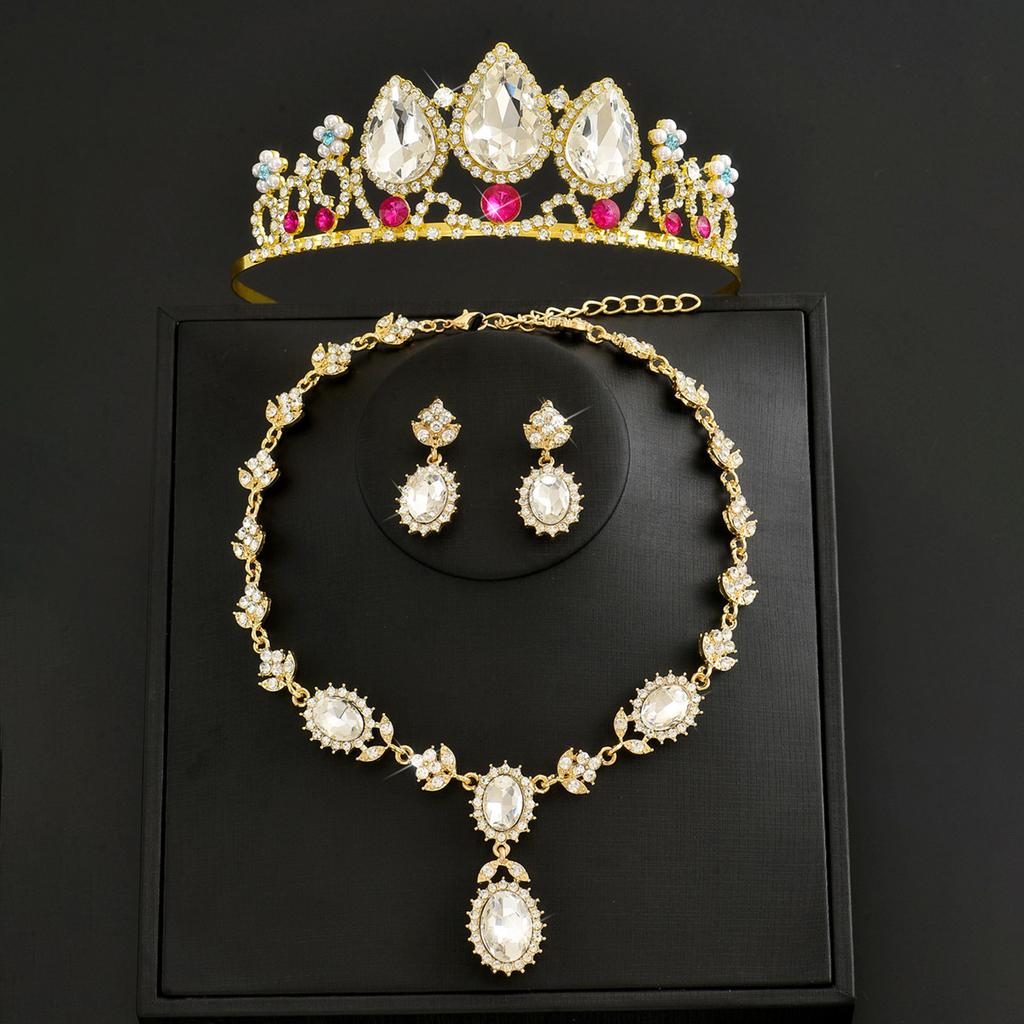Bridal Tiara Crown Three-Piece Luxury Atmospheric Wedding Jewelry Set Premium Necklace Earrings Crown