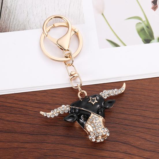 Creative Bull Head Keychain Alloy Animal Pendant with Colored Rhinestone Lobster Clasp Stylish Accessory for Keys Bags Backpacks Gift