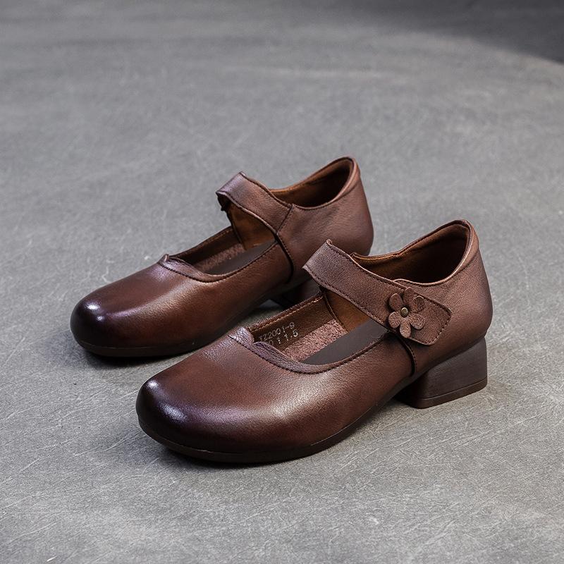 Fashion 2025 Autumn New Retro Mom's Shoe Head Layer Leather Single Shoes Comfortable Round Head Women's Shoes