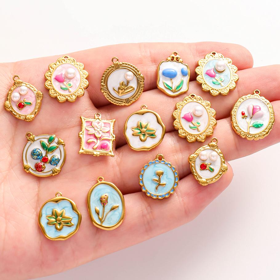 3 pezzi Ciondoli Fiore Eleganti Fatti a Mano a Goccia d'Olio Rosa Blu Acciaio Inossidabile Per Creazione Gioielli Collana Bracciale Portachiavi