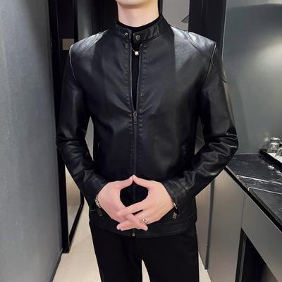 Men Spring Autumn Men's Motorcycle Leather Jacket Solid Stand Collar Jacket Fashion Casual Trend Windproof Coat Streetwear
