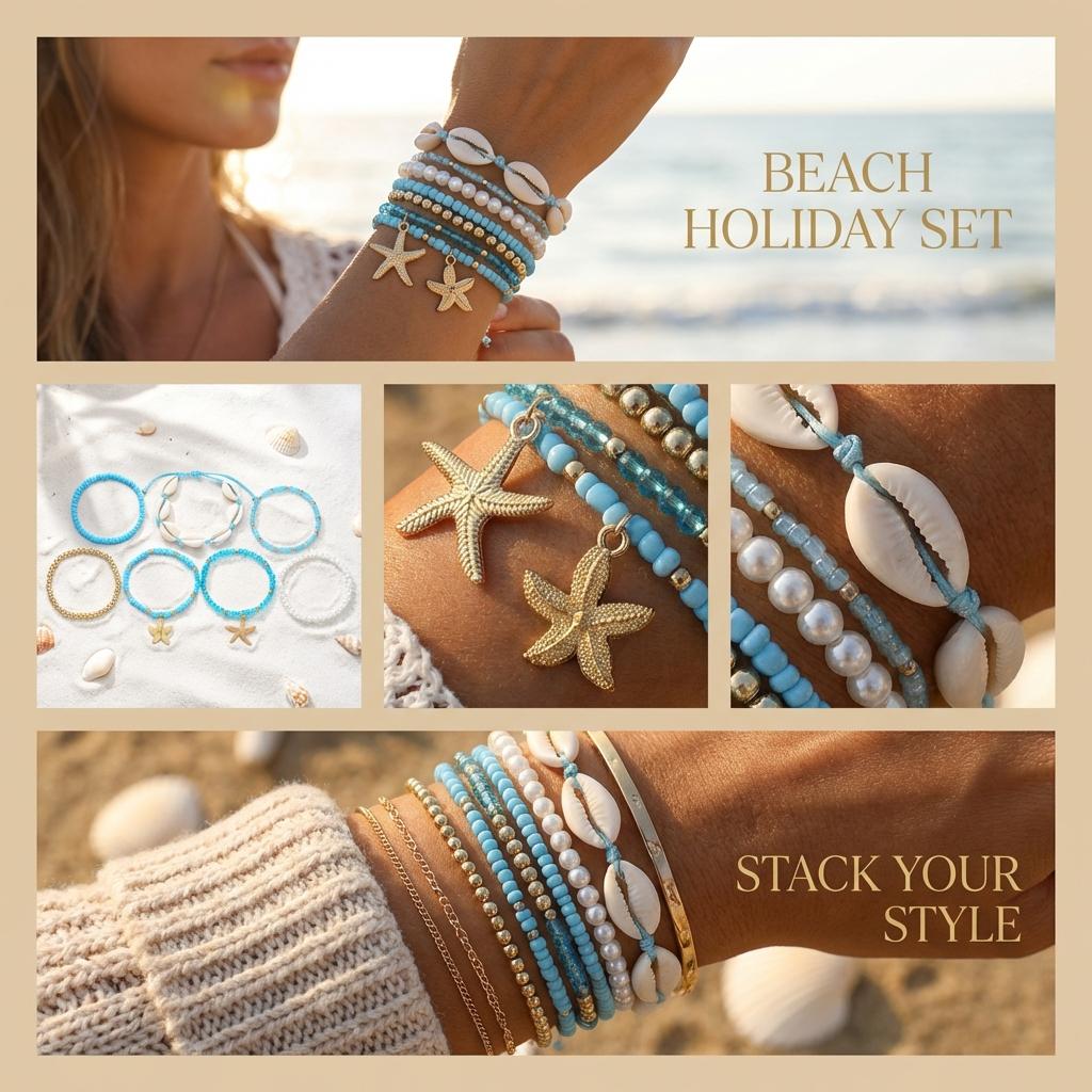 7Pcs Bohemia Multilayer Ocean Style Starfish Shell Beads Bracelets For Women Beach Vacation Stretchy Strand Chain Bangle Jewelry