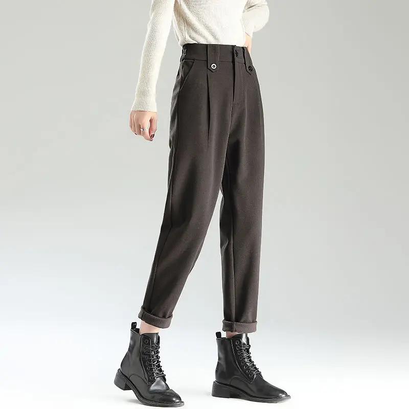 

Женские однотонные брюки прямого кроя на осень и зиму, узкие, на пуговицах, модные, повседневные, формальные, офисные, универсальные XXL кофейный