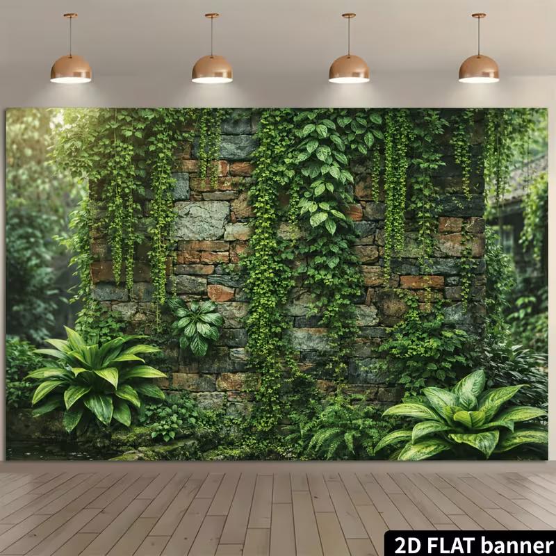 2D Vintage Garden Banner with Hanging Vines and Ferns Photo Booth Background Cloth