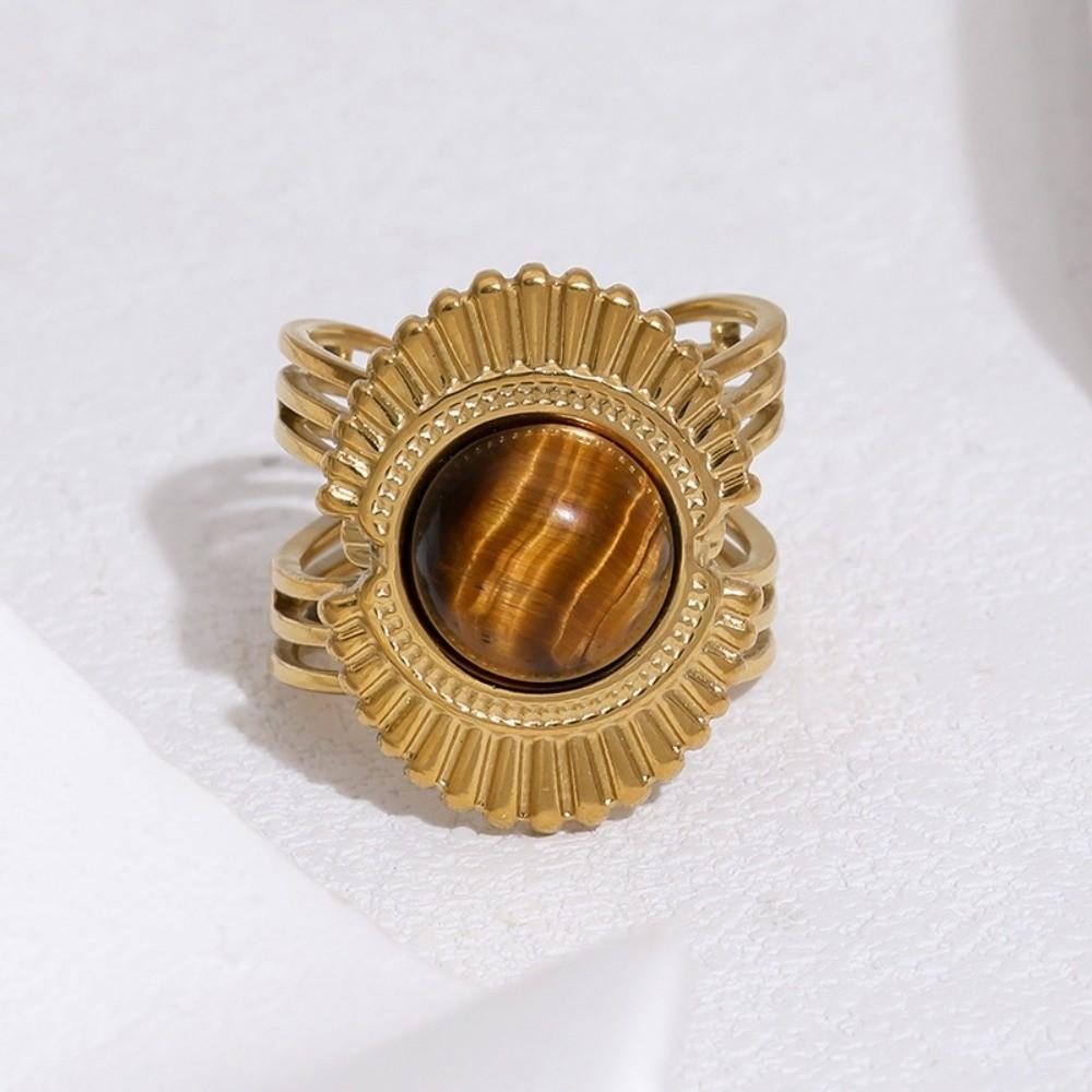 Metal Finger Open Rings Gold Color Geometric Rings Vintage Tiger Eye Stone Ring Women