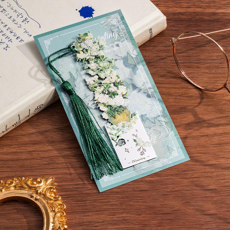 1PC Flower Oil Painting Metal Bookmark Retro Famous Painting Hollow Bookmark With Tassels Student Reading Stationery Gifts