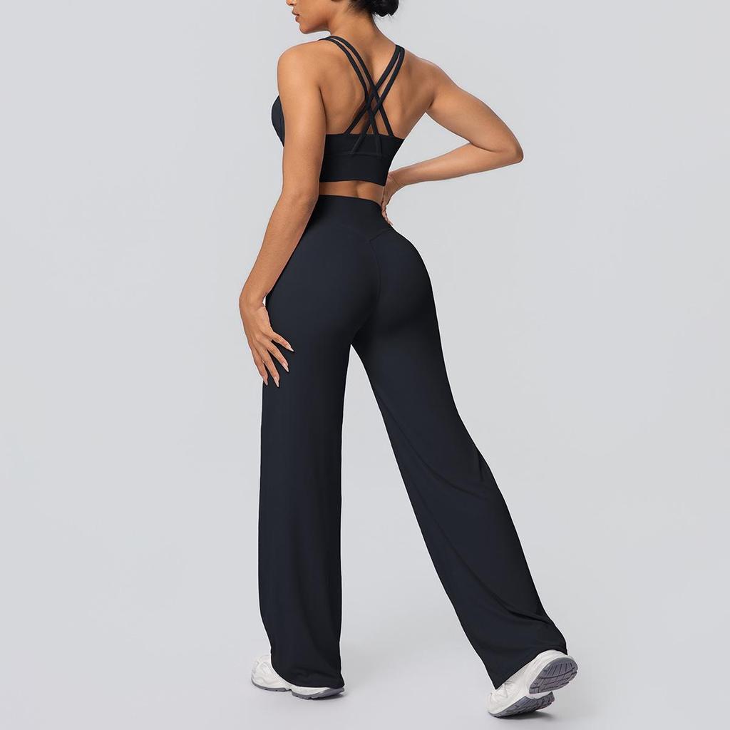 Shockproof Cross Back Running Bra & High Waist Wide Leg Yoga Pants