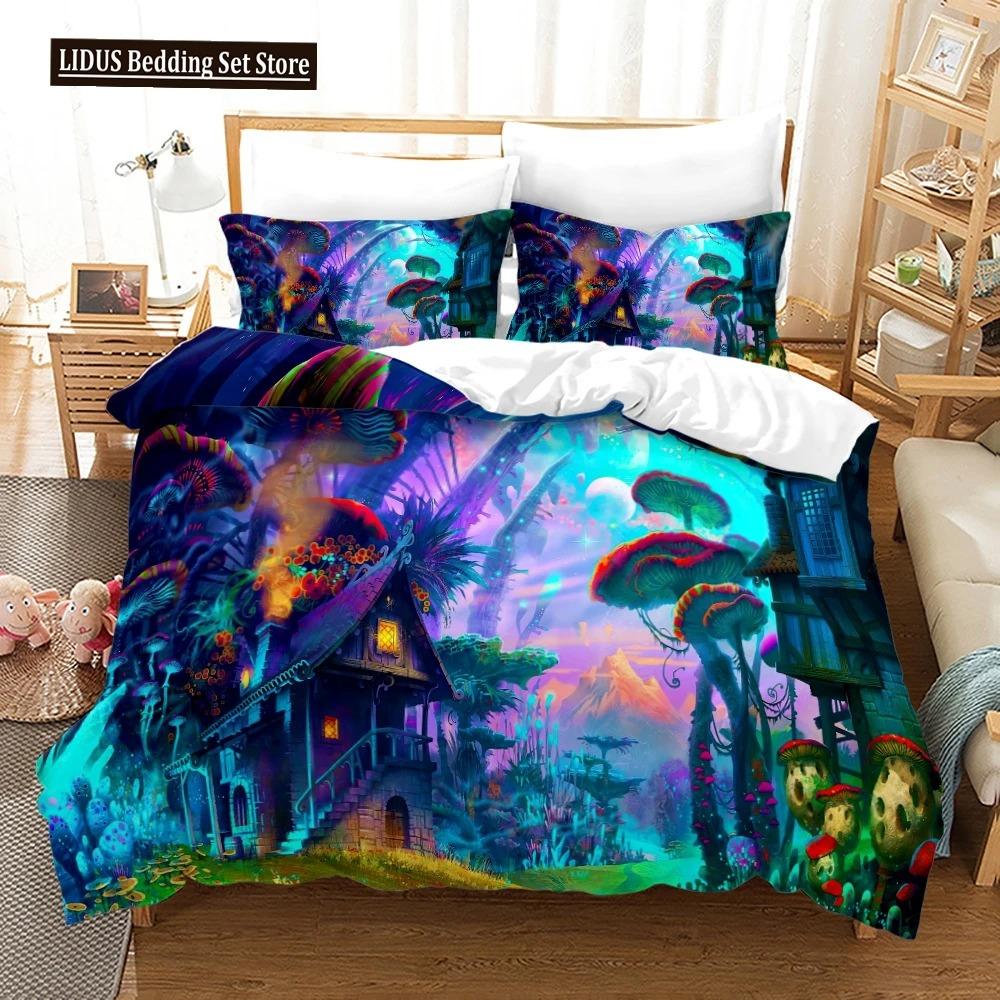 Mushrom Soft Duvet Cover Set King Quen Sized Dimensions Star Purple Blue Tripy Mushrom Patern Carton Polyester Beding Set For Kid Boy Girl