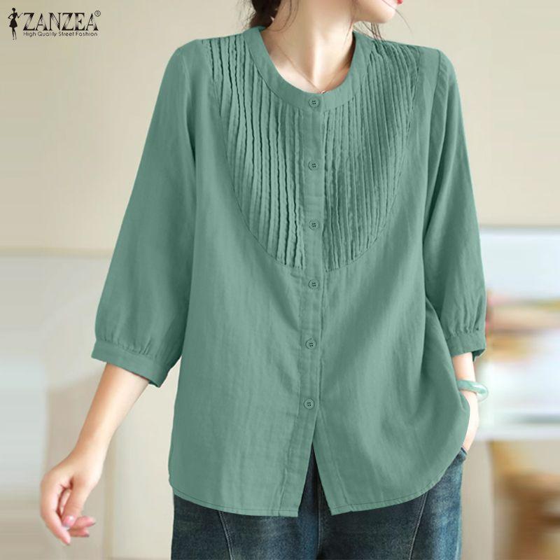 ZANZEA Blusa informal de mujer con cuello redondo, color liso, manga 3/4