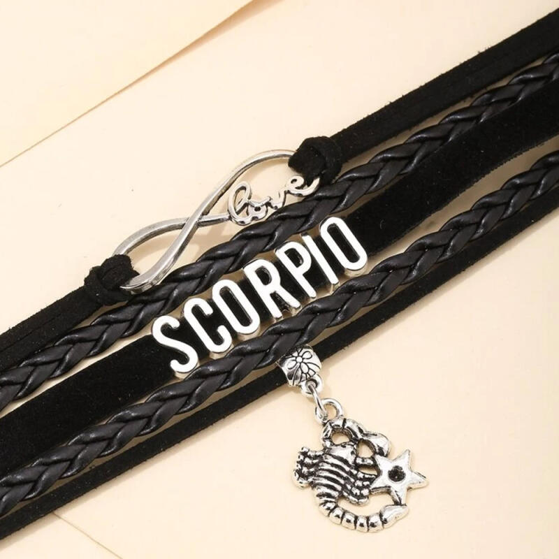 Lucky/Health Metal Zodiac Pendant Leather Bracelet