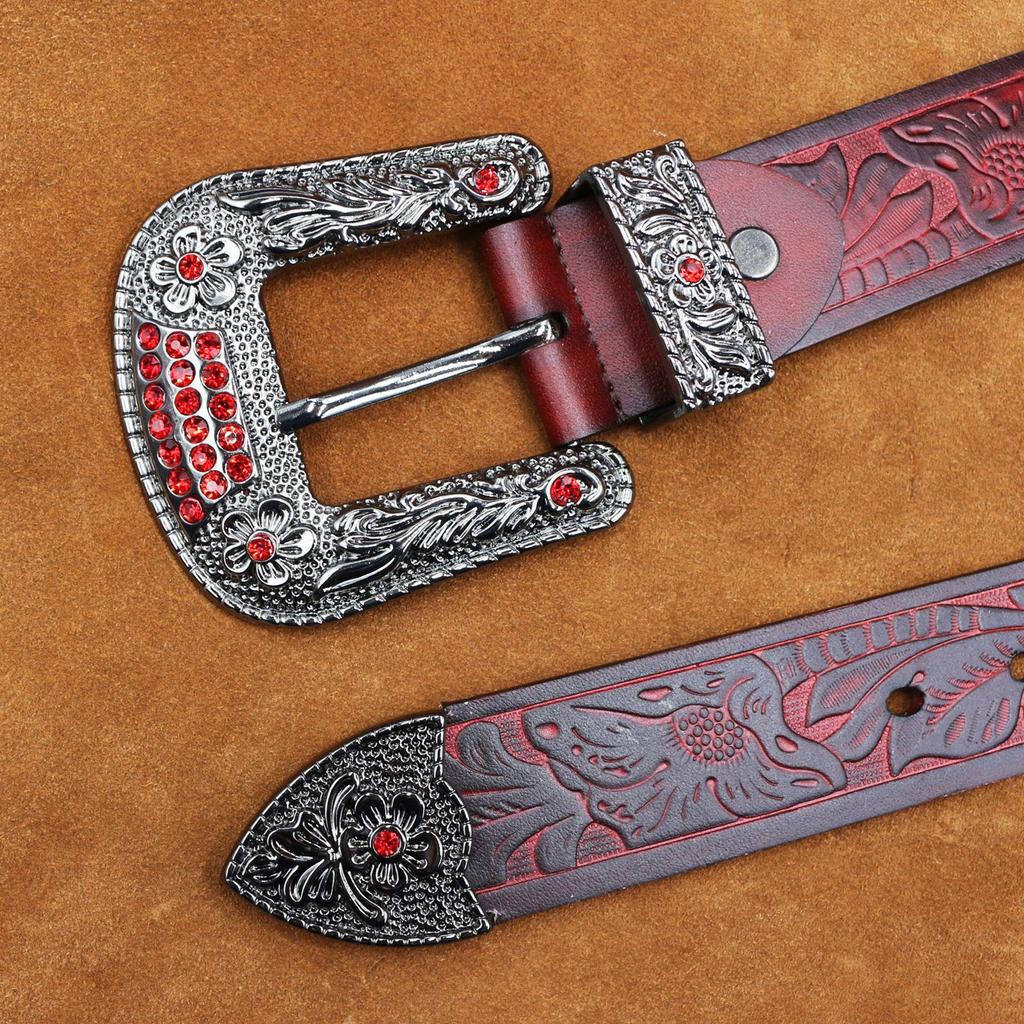 Men's Embossed Western Leather Belt - Retro Oiled Waxed Cowhide with Buckle