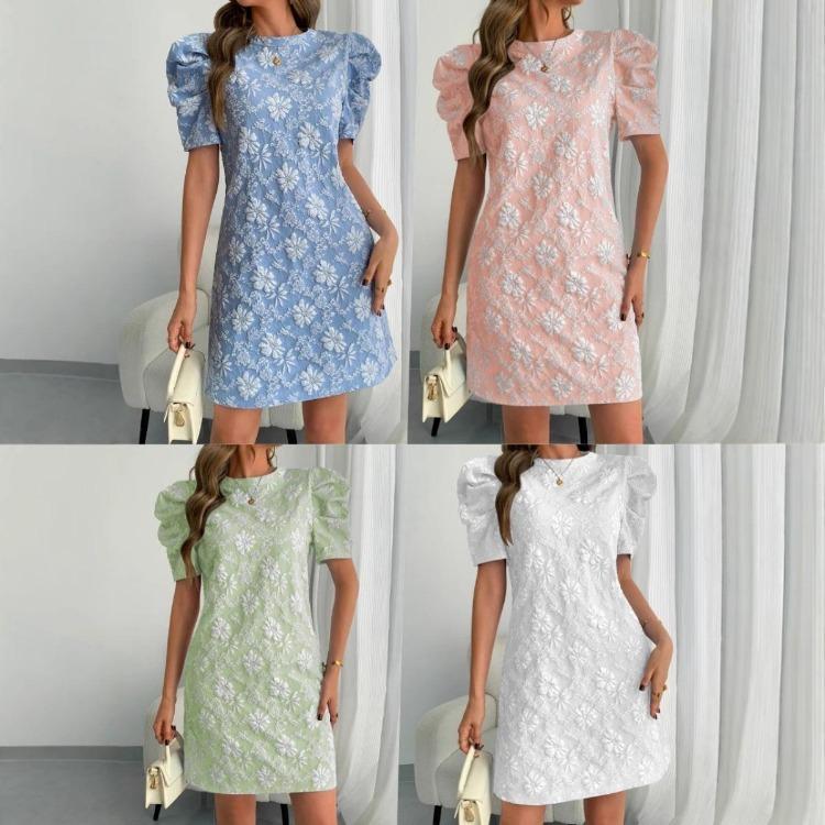 Women Summer Vintage Dresses Textured Jacquard Round Neck Bubble Sleeve New Style