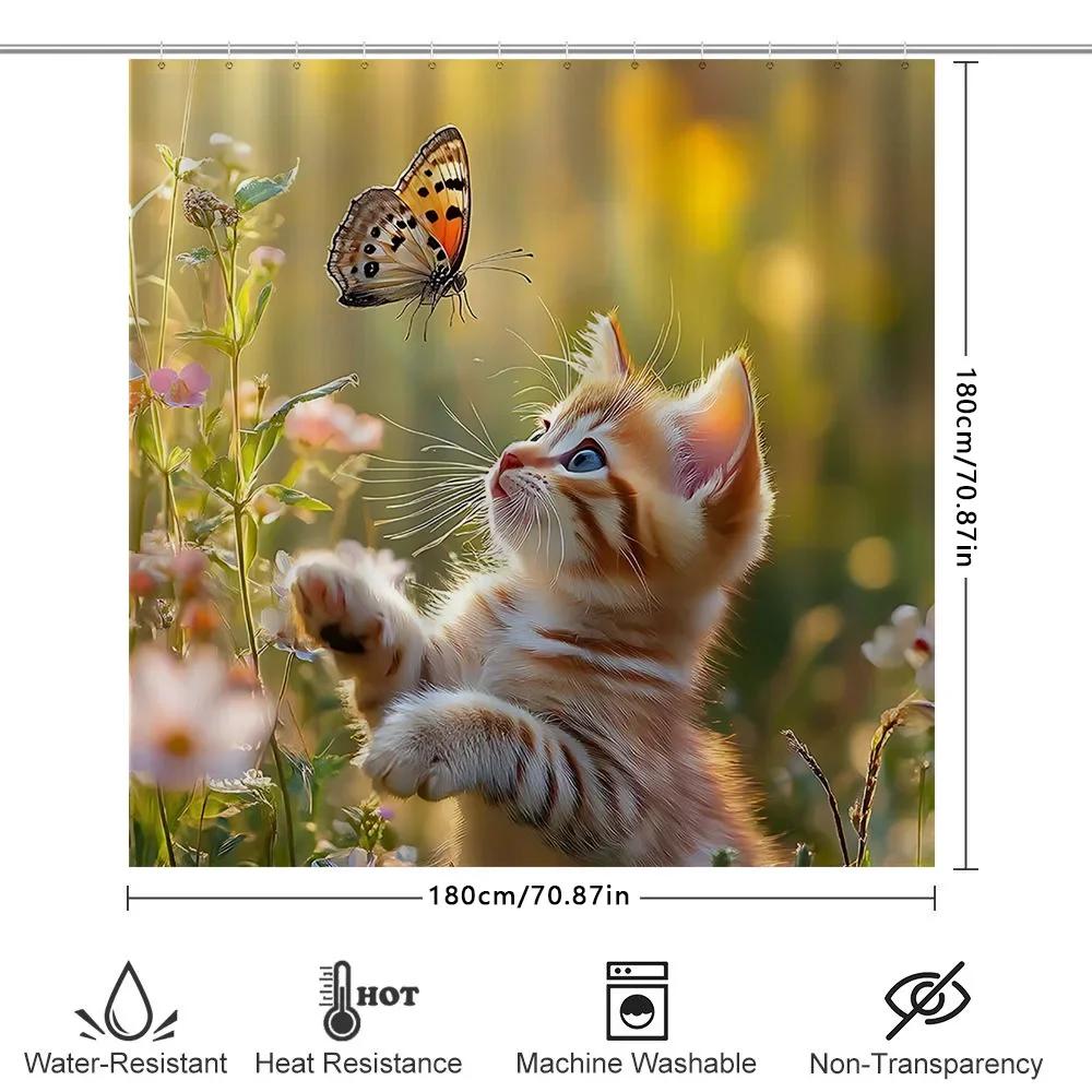 Charming Kitten Playing With Butterfly In A Garden Of Flowers Shower Curtain For Bathroom Decor Waterproof Polyester Fabric