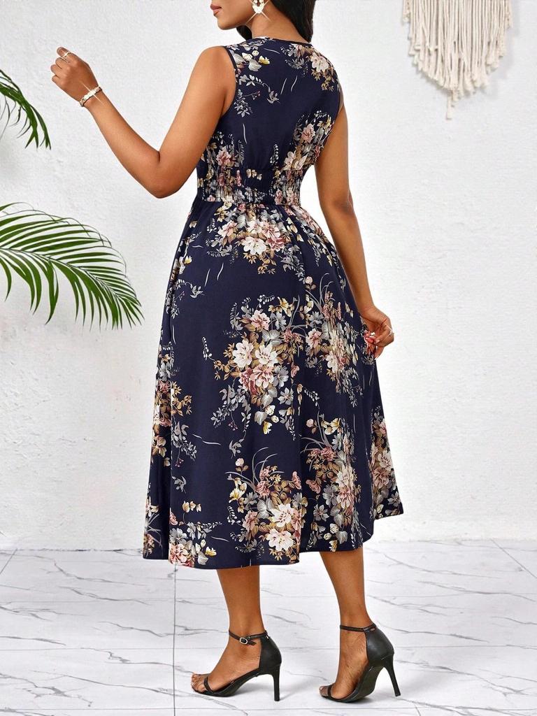 European & American Women's Plus Size Floral Sleeveless V-Neck Midi Dress