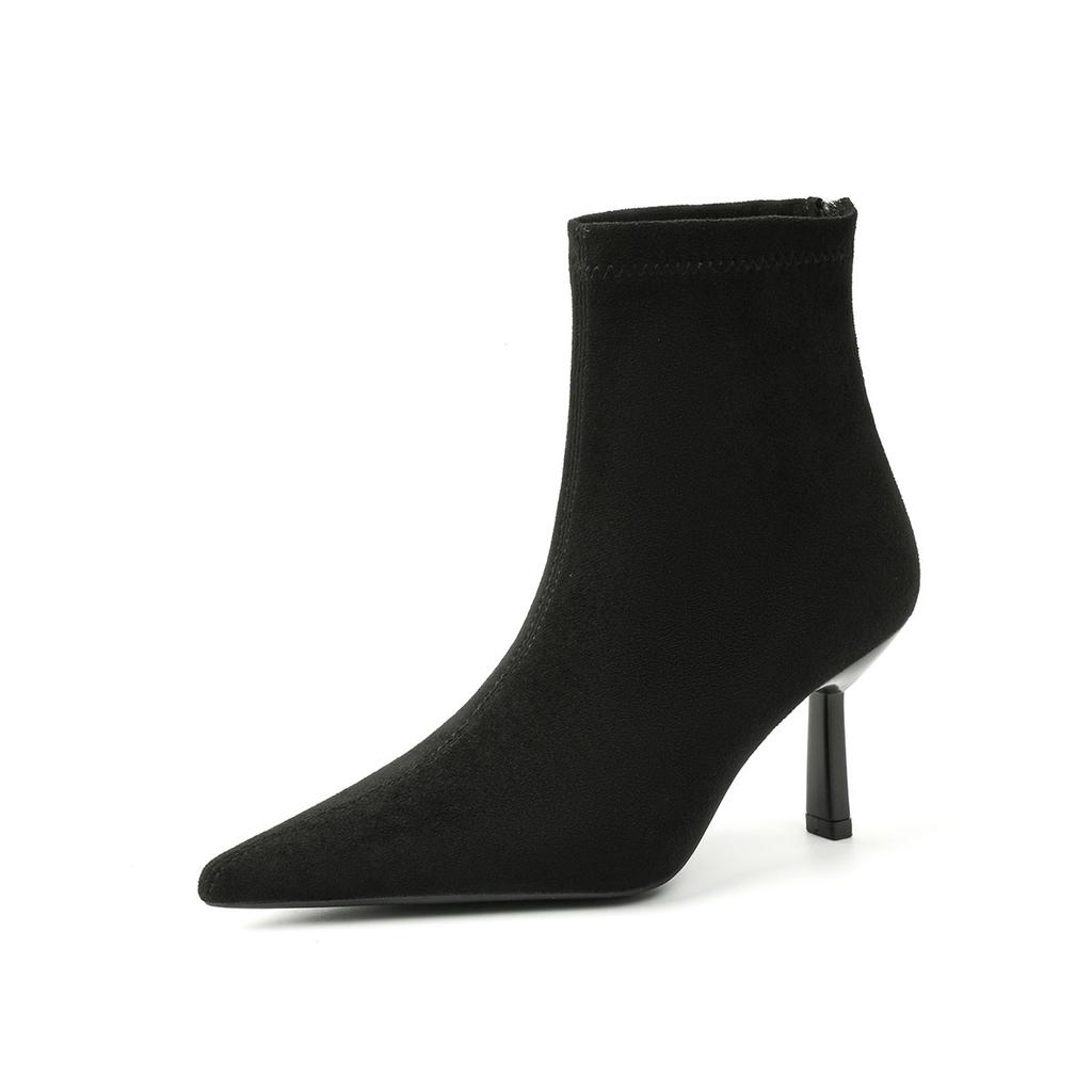Cowhide version~ high-heeled short boots women's new spring and autumn single boots temperament pointed thin heel suede elastic thin boots