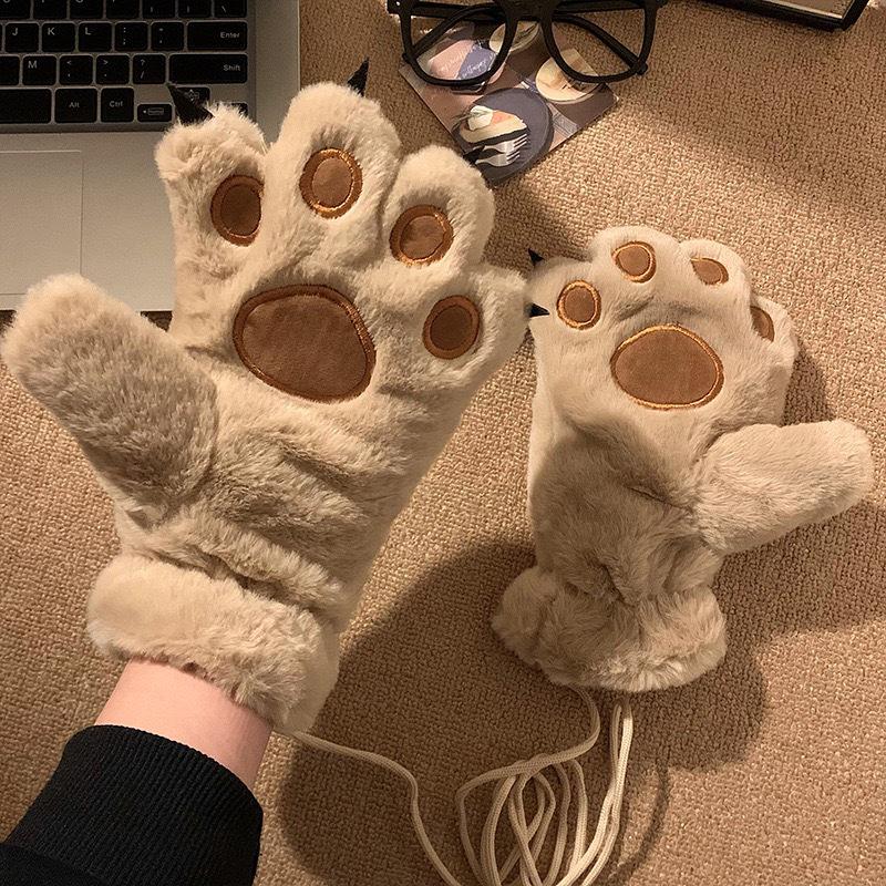 Cute Cartoon Bear & Cat Paw Plush Winter Gloves for Women and Students - Fleece Lined, Neck Hanging, Cold-Proof, Trendy for Cycling