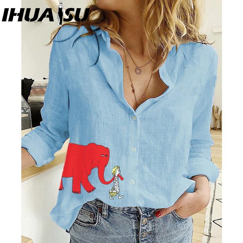 IHUASU Women's Fashion Casual Red Elephant Print  Long Sleeve POLO Neck Blouses & Shirts