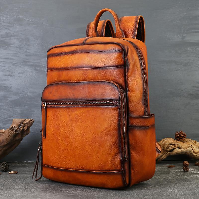 Retro Backpack, Hand-painted Genuine Leather, Casual Travel Backpack, Vegetable-tanned Leather Bag