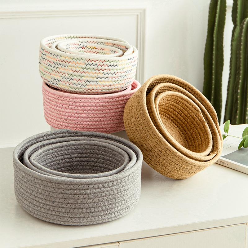 3Pcs/Set Nordic Cotton Rope Woven Storage Basket Round Desktop Cosmetics Organizer Basket