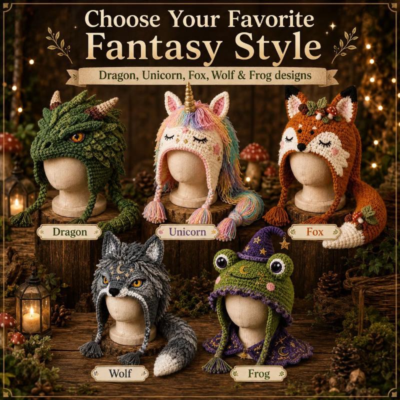 Cappello a Cuffia Fantasia Kit Crochet Fai da Te Principiante Orecchie di Animale Caldo | 5 Stili Drago Rana Volpe Lupo Arcobaleno Set Completo Filato Ganci