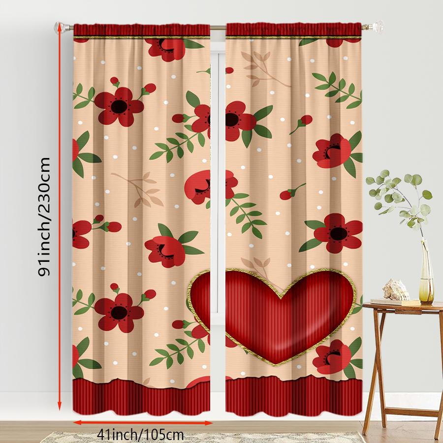 2PCS rice bottom red rose heart-shaped curtains   gentle style   bedroom and living room   decorative curtains with drawbar pockets