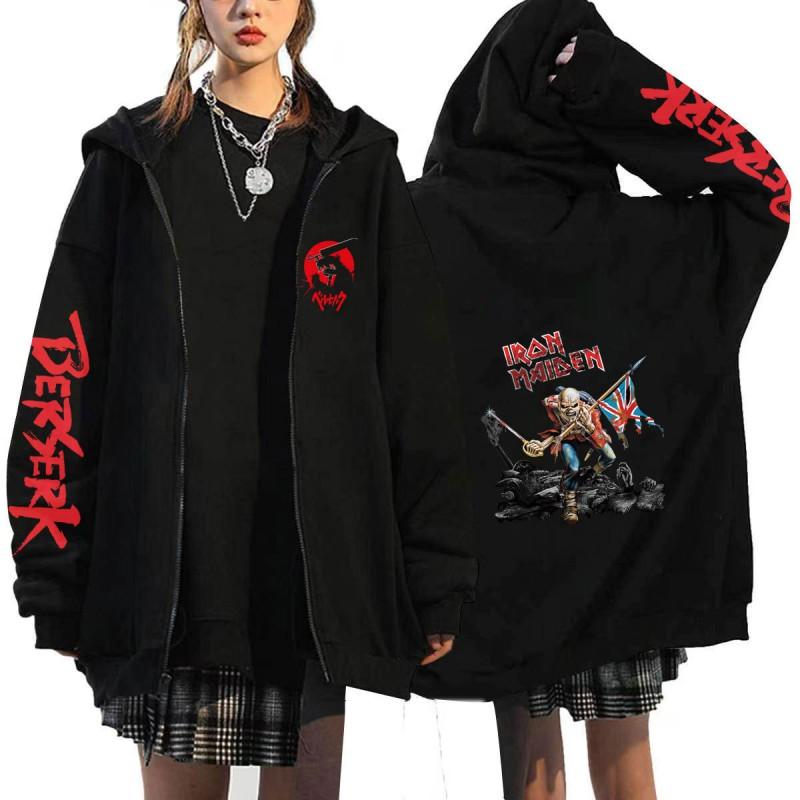 Berserk Anime Hooded Zip-Up Sweatshirt Men Oversized Fleece-Lined Pullover With Drawstring Cap Side Pockets