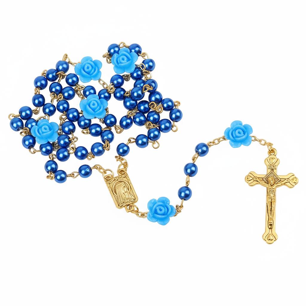 Religion Rosary Necklace For Women Crucifix Cross Pendant 6MM Long Glass Beads Rose Chain Choker Female Prayer Jewelry Gift