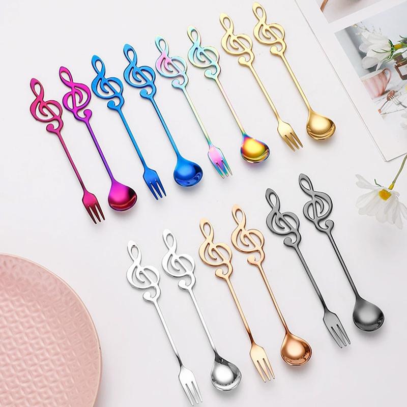 Musical Note Spoon Fork Set Stainless Steel Coffee Stirring Spoon  Ice Cream Dessert Teaspoons Creative Gift Kitchen Tableware