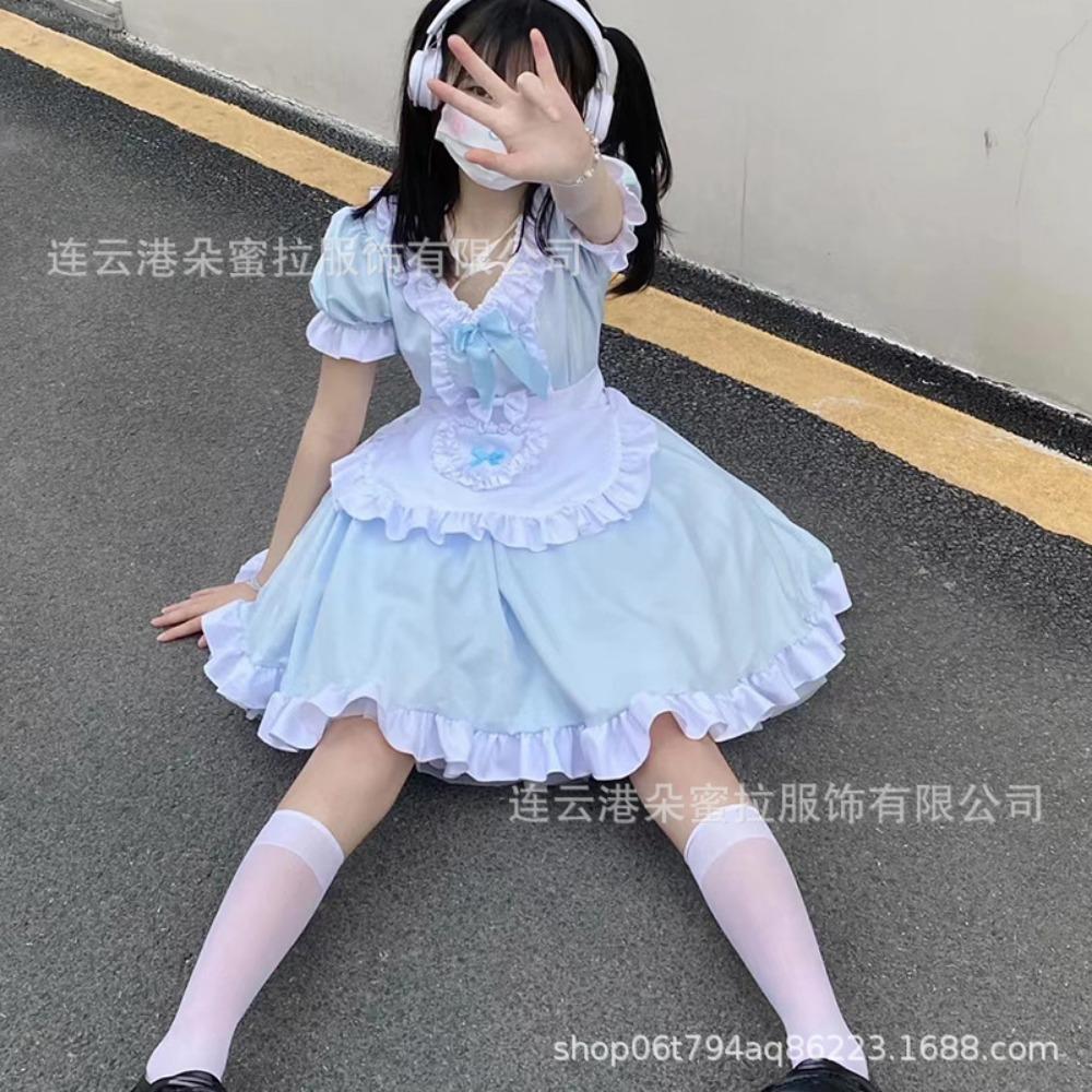 Sex Underwear Two-dimensional Blue Japanese Cute Girl Pure Desire Lolita Maid Pleated Dress Maid