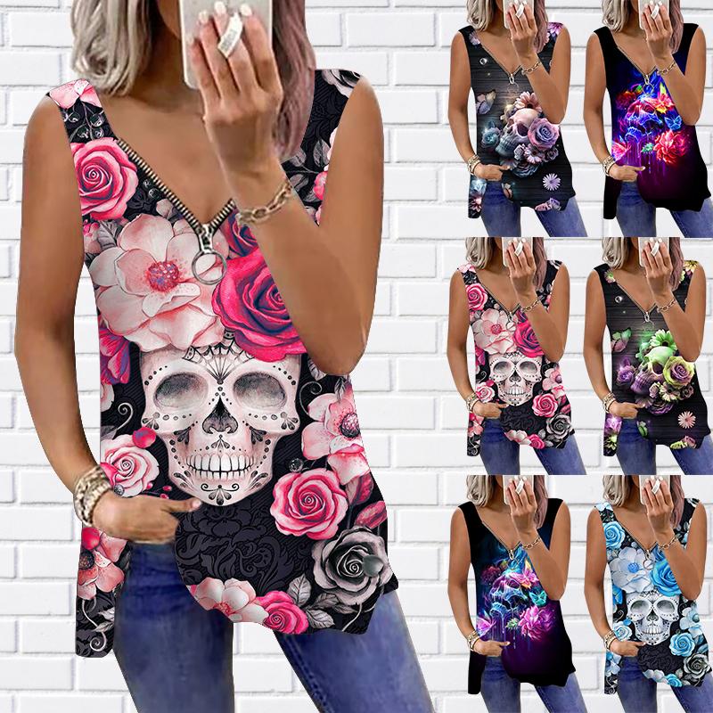 

Женский топ, летний новый модный повседневный топ с черепом и цветочным принтом размера плюс, топ на молнии без рукавов с v-образным вырезом, майка