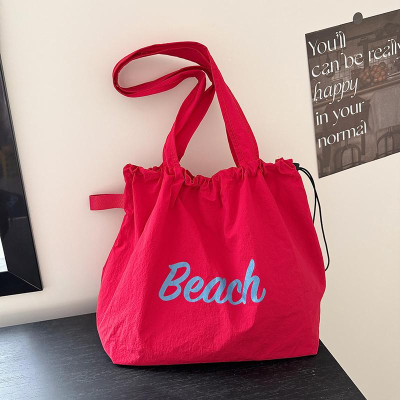 Women's String Tote Bag Canvas Totes Letters Portable Shoulder Bag Casual Beach Bag Large Capacity Shopping Handbag