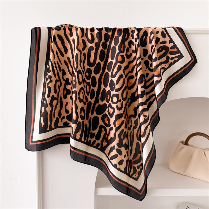 Luxury Leopard Print Shawl Square Scarf for Women Soft Satin Fashion Wraps Neckerchief Female Hair Bands Ribbon Headband Bandana